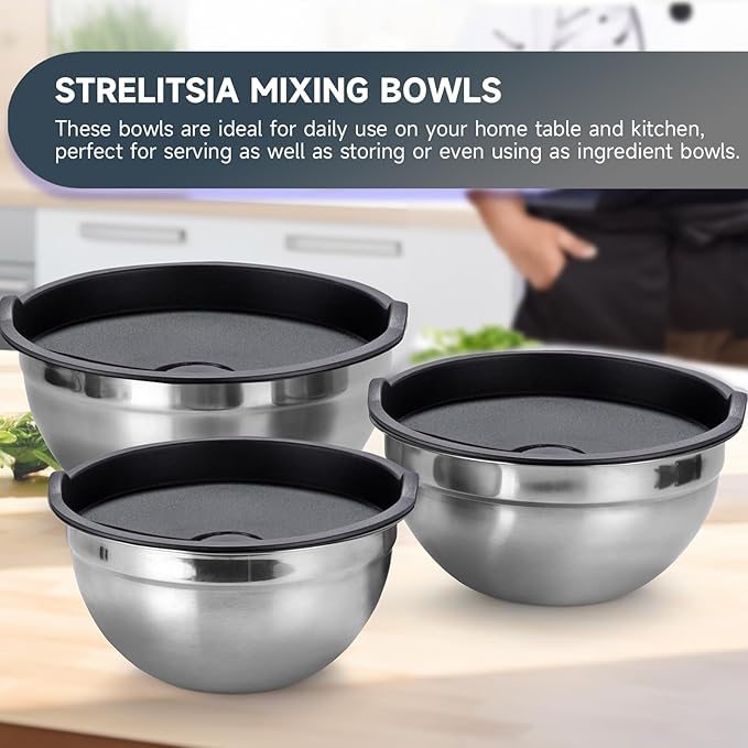 Mixing Bowls Set of 5,Stainless steel Nesting Bowls with Airtight Lids,Size 5, 4, 3.5, 2, 1.5QT for Baking,Cooking,Prepping and Saving Food (BLACK, 5PCS)
