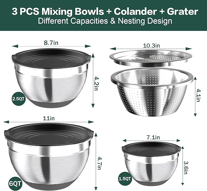 Mixing Bowls with Airtight Lids, Stainless Steel Mixing Bowl Set with 3 Metal Nesting Bowls, Colander & Grater, Non-Slip Bottoms, Size 1.5, 2.5, 6 QT, Great for Mixing & Serving, Black