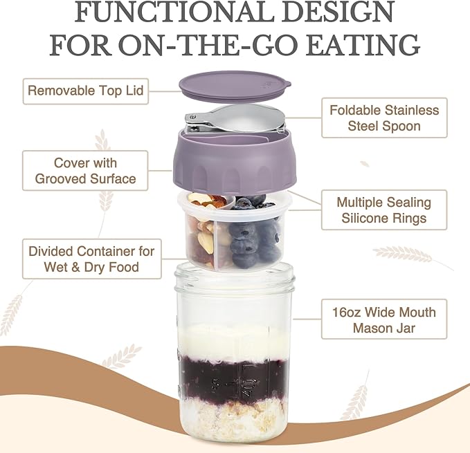 SOLIGT 2 Pack Overnight Oats Containers with Lids, Folding Spoons and Divided Compartments for Fruit & Nuts, Small Glass 16oz Mason Jars for Oatmeal Yogurt Parfait