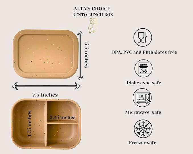 ALTA'S CHOICE SILICONE BENTO LUNCH BOX (BROWN) Leak-Proof Lunchbox, 3 Compartments. BPA, Phthalate, Lead, & PVC Free. Bento Lunch Box for Kids and Adults. Microwave, Dishwasher Safe, Reusable.