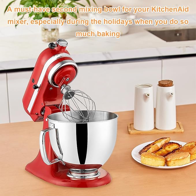 5 QT Food-Grade 304 Stainless Steel Mixer Bowl Fit for KitchenAid Tilt-Head Stand Mixers, 4.5-5 Quart Replacement Mixing Bowl with Handle for Kitchen Aid Artisan&Classic Series, Polished & Rust-Proof