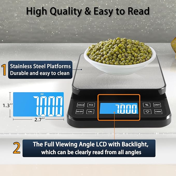 BOMATA Large Kitchen Scale with 0.1g/0.001oz High Precision, 5kg/11lb Bakery Scale with% Percentage Function, USB Rechargeable, Full-View Angle LCD with Backlight, Stainless Steel Pan