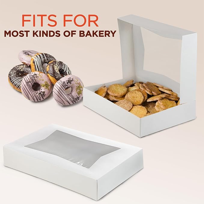 Fit Meal Prep 25 Pack White Bakery Boxes with Window, 12 x 8 x 2.25 Inches Auto-Popup Cookie Boxes, Treat Boxes for Chocolate, Muffins, Donuts, Pastries and Macaroons