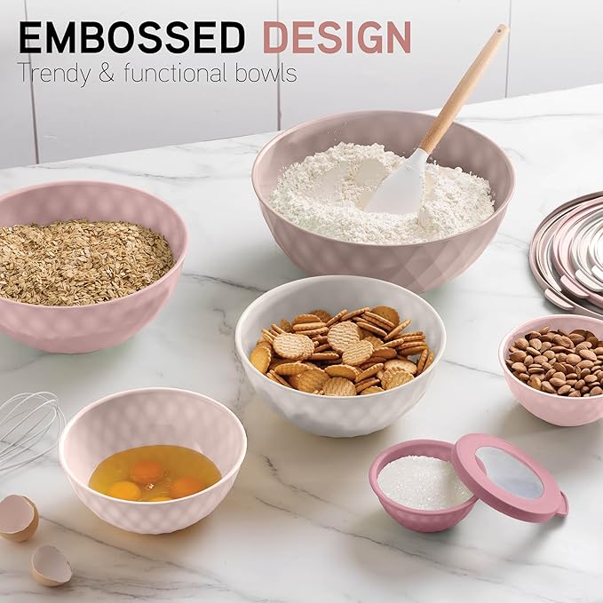COOK WITH COLOR Mixing Bowls with Lids - 12 Piece Plastic Nesting Bowls Set includes 6 Prep Bowls and 6 Lids, Non Slip Bottom and Diamond Design - Microwave Safe (Mint)