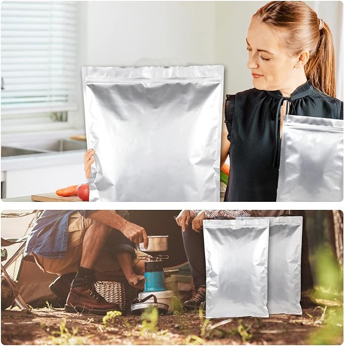 10PCS 5 Gallon Mylar Bags with 2500CC Oxygen Absorbers and Labels, Zipper Resealable Pouches Heat Sealable Bags for Long Term Food Storage
