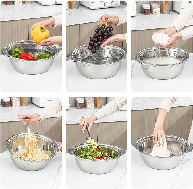 304 Stainless Steel Microporous Colander with Handle, Rice Washers Microporous Strainer Set For washing vegetables, fruits and rice, and draining cooked pasta.