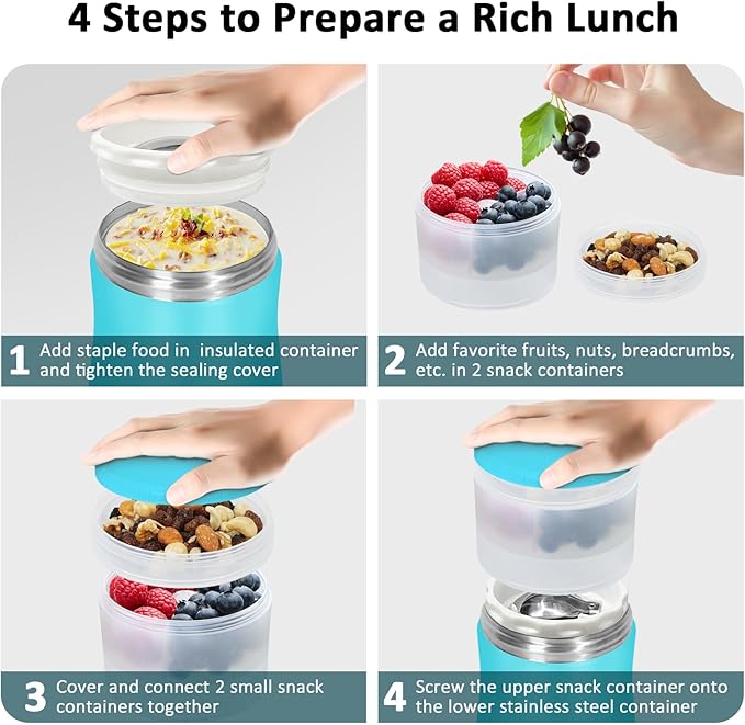 Thermos For Hot Food, 28OZ Soup Thermos For Adults, 2 In 1 Insulated Food Jar, Yogurt Container, Snack Cereal To Go Container, Leakproof Stainless Steel Vacuum Lunch Thermal With Spoon (Blue)