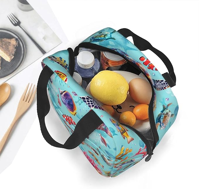 Blue Ocean Insulated Lunch Bag for Women Men Reusable Cooler Nautical Lunch Tote Bag with Front Pocket for Hiking Picnic Travel Office