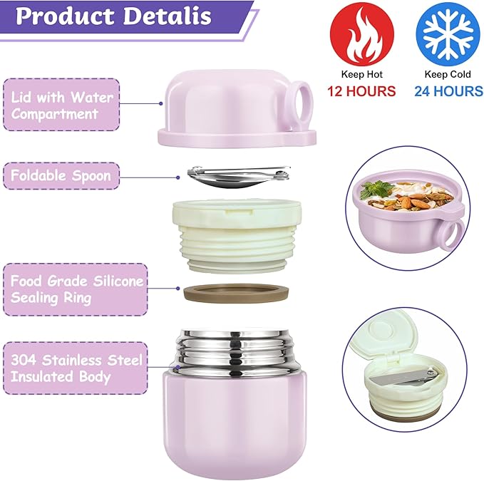 Bento Lunch Box for Kids with 12oz Soup Thermo, Leak-Proof Lunch Containers with 5 Compartments, Insulated Lunch Bag, Thermo Hot Food Jar with Spoon for Kids to School, Travel, Purple