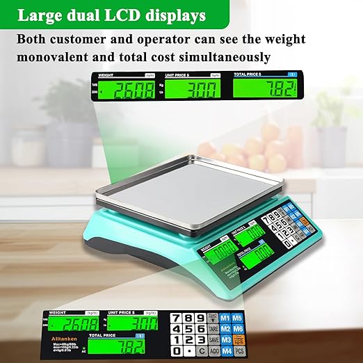 88lb/40kg Digital Price Computing Scale - Commercial Food Scale with Dual LCD Displays, Counting Feature, and Reversed Platter for Farmers Market, Retail, Deli, and Meat Weighing