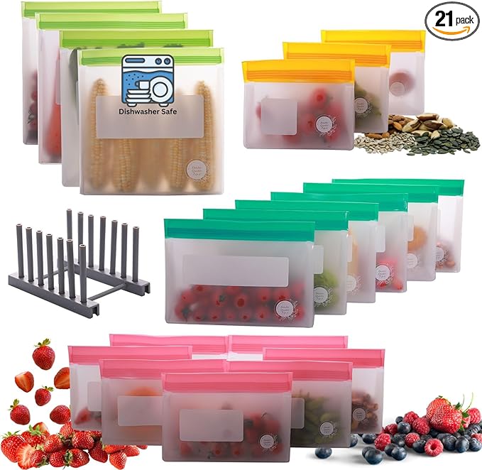 Reusable Silicone Food Storage Bags – 21-Pack Stand-Up, BPA-Free, Freezer, Dishwasher Safe & Eco-Friendly – 4 Gal, 6 L, 7 M, 3 S + Rack – Airtight Leakproof, Organization and Storage Bags (Multicolor)