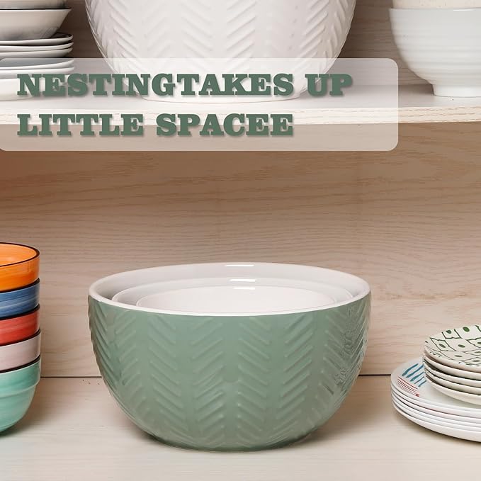 HAPPY KIT Ceramic Mixing Bowls Set, Serving Bowls Set For Kitchen,Large 5/3/1.5 Quart Bowl Set of 3, Prep Nesting Bowl for Baking and Mixing Salad,Avocado green