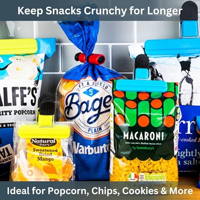 Food Bag Clips - 16 Pcs, 3 Assorted Sizes | Small, Large & Bread Bag Clips for Fresh Food Storage, Freezer Bags or Sandwich Bag Sealer | BPA Free Plastic Kitchen Clips with Storage Holder Included