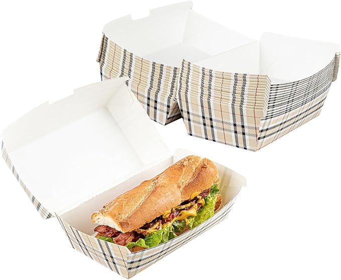 Restaurantware Bio Tek 6.7 x 3.5 x 3.5 Inch Clamshell Food Containers 100 Disposable Sandwich Containers - Hinged Lid Tab-Lock Closure Plaid Paper Hot Dog Containers Durable Greaseproof