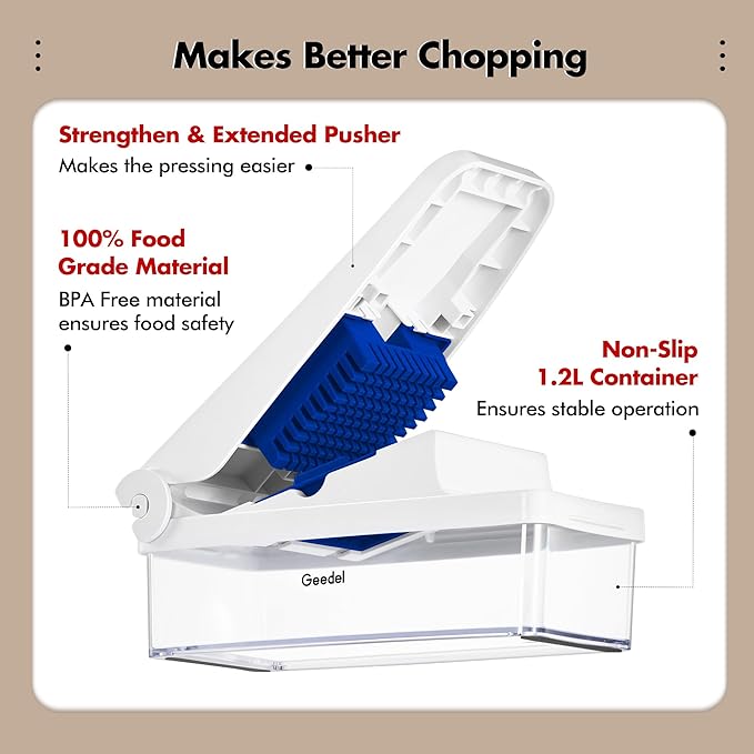 Geedel Vegetable Cutter, Onion Cutter Pro Food Chopper, Kitchen Vegetable Slicer Dicer Cutter Grater, Veggie Chopper with container for Salad Onion Potato Carrot (4 in 1, Blue)