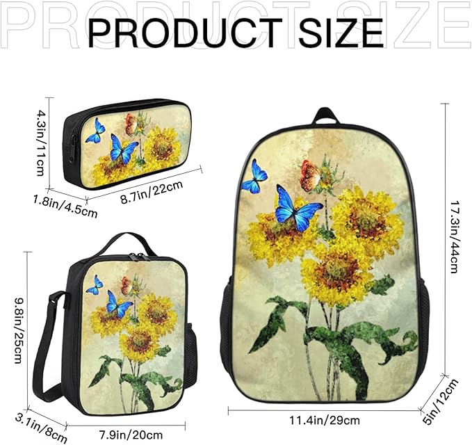 Butterfly Backpack For Girls - Butterfly Backpack 3 PCS for Teens, Boys and Girls Butterfly Bookbag, Butterfly Insulated Lunch Bag and Butterfly Pencil Case Perfect for School and Everyday Use.