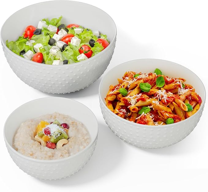 Gibson Elite 3-Piece Stoneware Mixing Bowl Set, 6.8", 8", 9.8" - Modern Stoneware Dishware, Dishwasher Safe & Microwave Safe - Space-Saving & Stackable Bowl Set for Cooking, Baking, Serving (White)