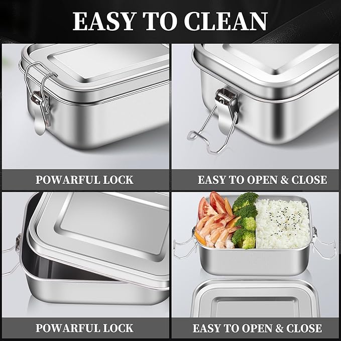Dualshine 4 Pack Stainless Steel Bento Box 850ml Stainless Steel Containers with Lids Metal Lunch Box with Partition, 2 Spoons and Forks Lockable Clip for Leak Prevention Bento Box Adult for Travel
