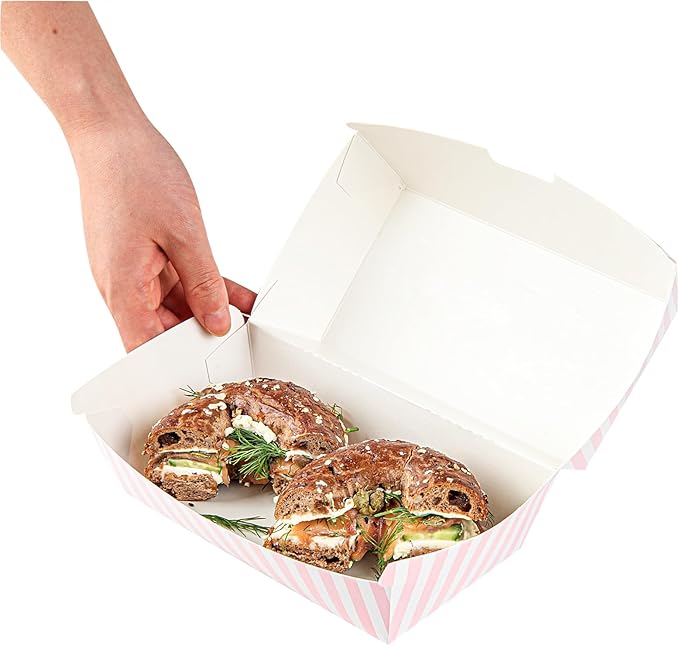 Restaurantware Bio Tek 6.7 x 3.5 x 3.5 Inch Clamshell Food Containers 100 Disposable Sandwich Containers - Hinged Lid Tab-Lock Closure Pink And White Paper Hot Dog Containers Greaseproof