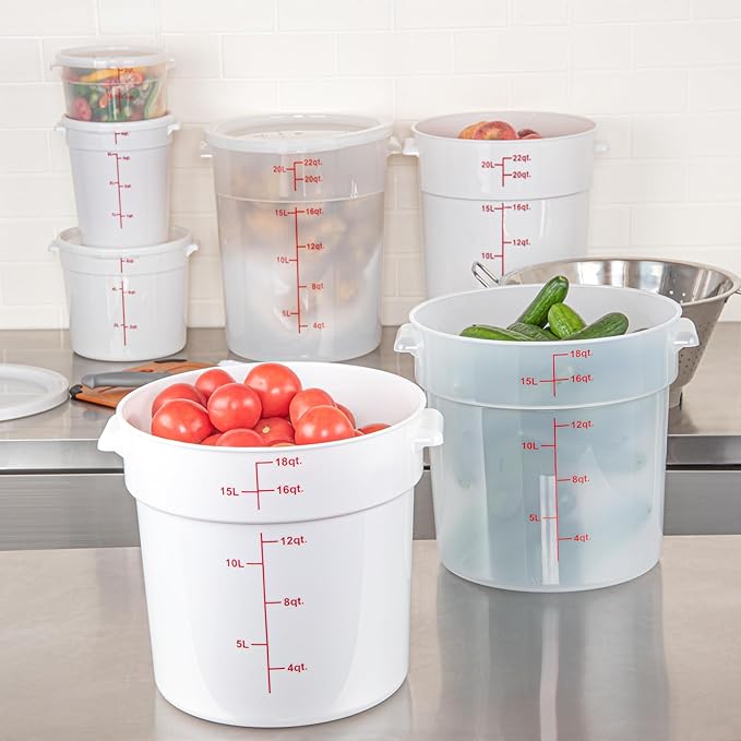 Restaurantware-Met Lux 18 Quart Food Storage Containers, 10 White Storage Containers - Lids Sold Separately, Red Volume Markers, Dishwashable Containers, Side Handles, For Storing Foods