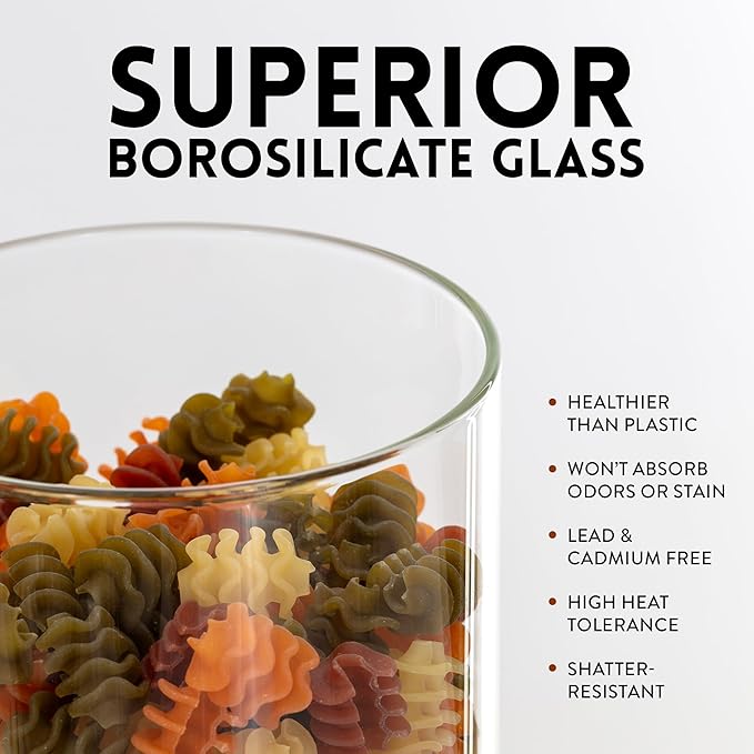Glass Airtight Food Storage Containers with Silicone and Glass Lids – BPA-Free Jars and Canisters for Pasta Rice Flour, Dry or Wet Foods, Pantry Meal Prep – Set of 5 with Portion Tool