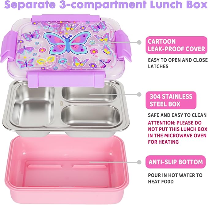 Stainless Steel Bento Lunch Box for Kids, 710ml/23.5oz BPA-Free Leak-Proof Food Containers with 3 Compartments, Back to School Students Daycare Lunches Snack Container Size for Ages 3-7