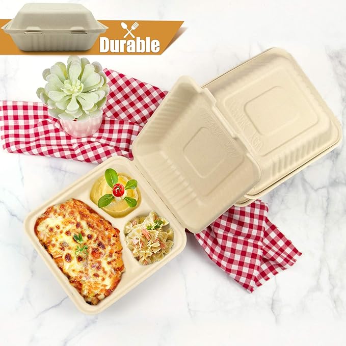 Green Earth, 8-inch, 50-Count, 3-Compartment, Compostable Clamshell, BAM ware (Bamboo Fiber), Take-Out/to-Go Food Boxes - Biodegradable Containers, Hinged Lid Microwave-Safe Gluten-Free