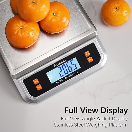 88lb Commercial Digital Kitchen Scale 40kg/1g, with 6 Units Conversion, Stainless Steel, LCD Display, AA Battery or Plug-in Use for Baking, Bread, Cooking, Meat LC200