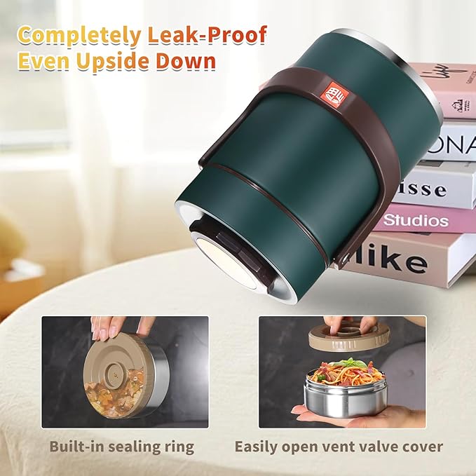 67 Oz Adults Stainless Steel Vacuum Soup Thermos For Hot Food with Inserts Stackable Bento Box and Lunch Bag,Width Mouth Portable Nsulated Food Jar Lunch Container (green, 67 oz)