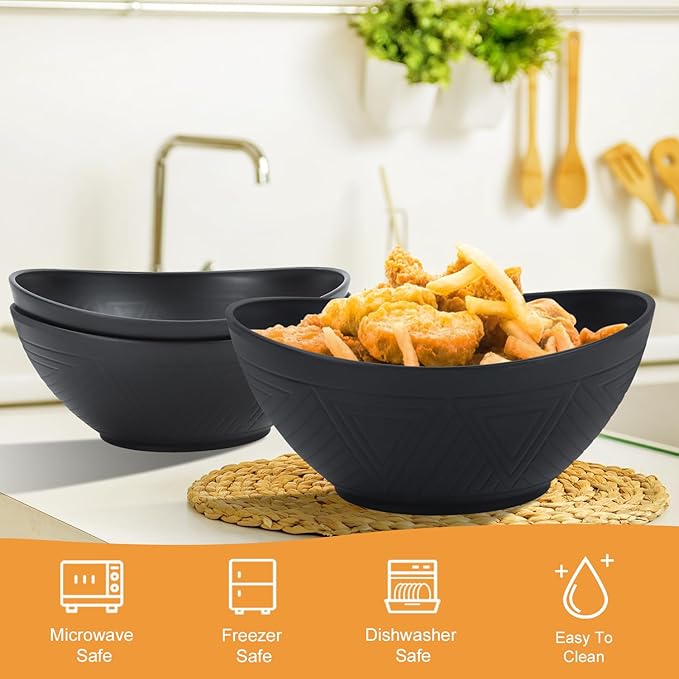Homienly Serving Bowls Large Fruit Bowls for Wedding and Dinner Parties Wheat Straw Bowl Set 60 Oz for Salad, Snacks Oval Shape Microwave & Dishwasher Safe Bowl Set of 2 Bowls for Kitchen - Black