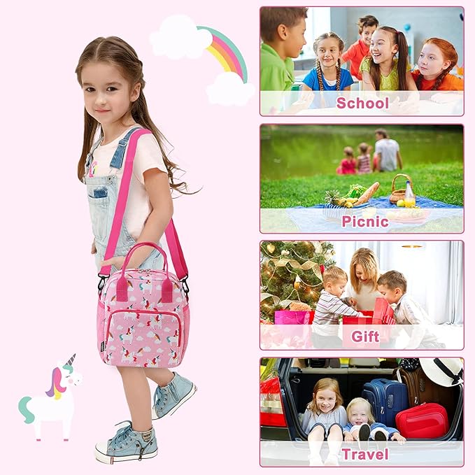 RAVUO Unicorn Lunch Bag for Girl Insulated Cute Girls Lunch Box for Kids Reusable Lunch Tote with Detachable Shoulder Strap Plush