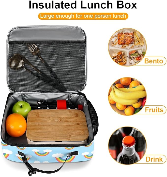 Blue Sky Rainbows Reusable Lunch Box Insulated Lunch Bag Cooler Bag Lunchbox Meal Food Container Tote Bag for Women Kids Girls School Camping Hiking Picnic Beach Travel
