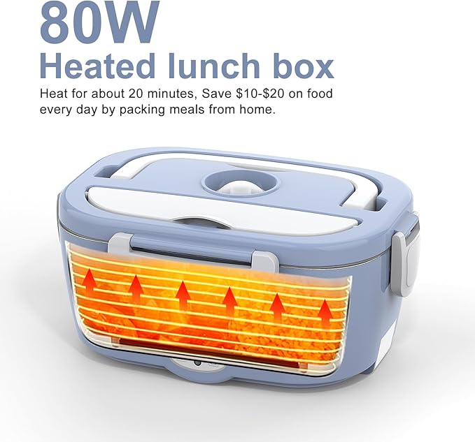 Bule Electric Lunch Box Food Heater, 60-80W Heated Lunch Box for Adults, 12V 24V 110V Portable Food Warmer LunchBox for Car Truck Work with Removable 304 Stainless Steel Container, Carry Bag
