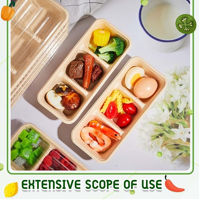 Hushee 100 Pack 17 oz Small Meal Prep Containers 3 Compartments with Lids, Disposable Plastic Bento Boxes Reusable Stackable Food Containers Travel Lunch Boxes for Office, Picnic (Natural)