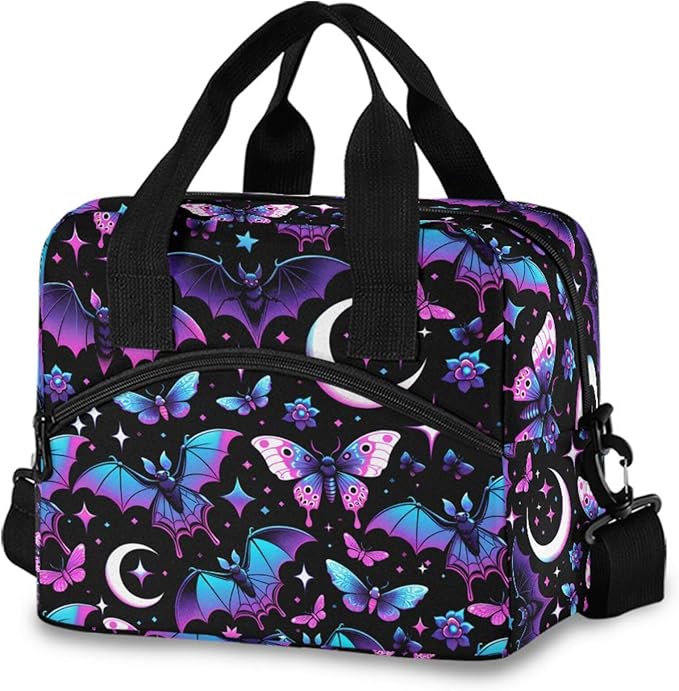 MNSRUU Insulated Lunch Bag Neon Purple and Bats Stars and Moons Women Men Fabric Dinner Tote Cooler Bag Reusable Leakproof Lunch Box with Adjustable Shoulder Handles Strap For Work School