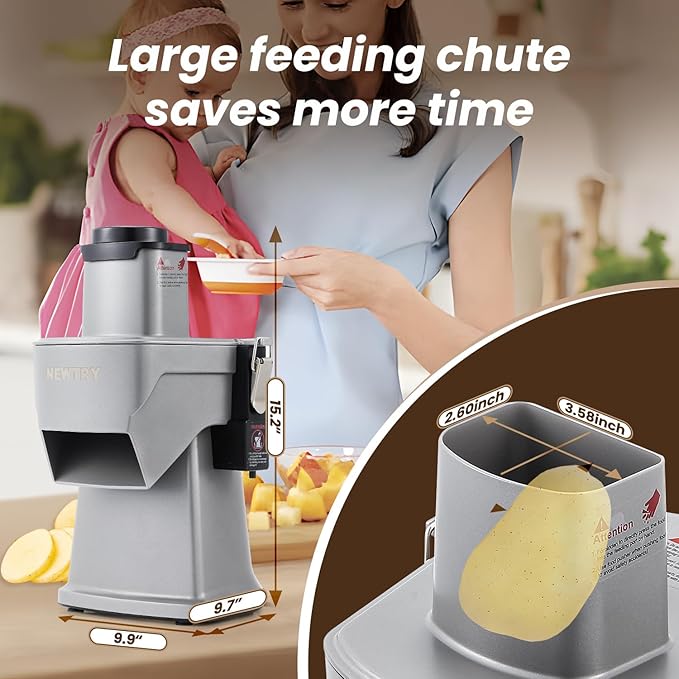 NEWTRY 4 in 1 Electric Vegetable Slicer Dicer Shredder & Strip Cutter, Commercial Automatic Multifunctional Food Chopper for Veggies & Fruits, with Thickness Adjustable Blades, 110V, 200W
