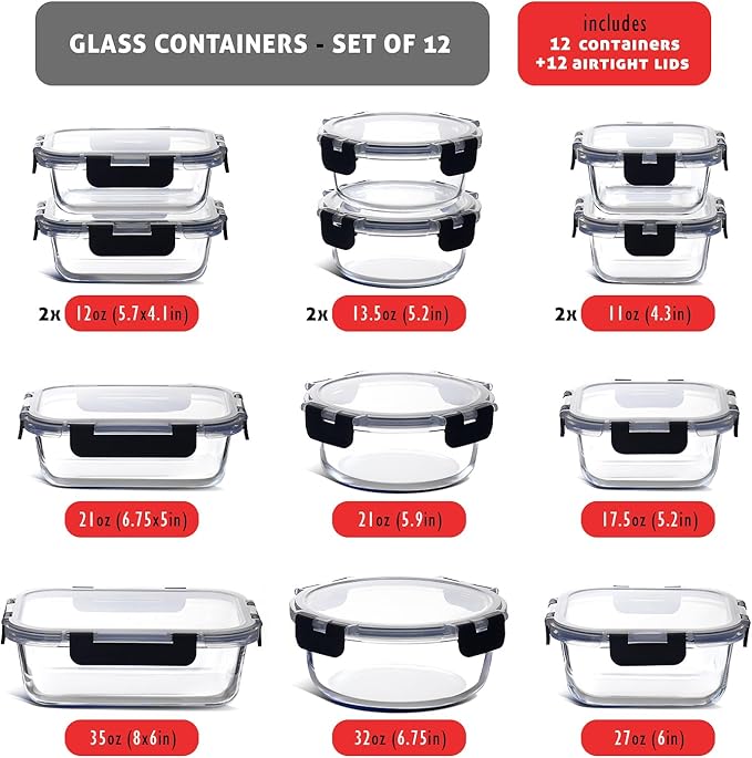EATEX 24pc Glass Storage Containers with Lids, 12 Set Glass Food Storage Containers with 12 Airtight Lids, Pantry Kitchen Meal Prep Containers for Lunch, Freezer Storage Containers, Oven Safe