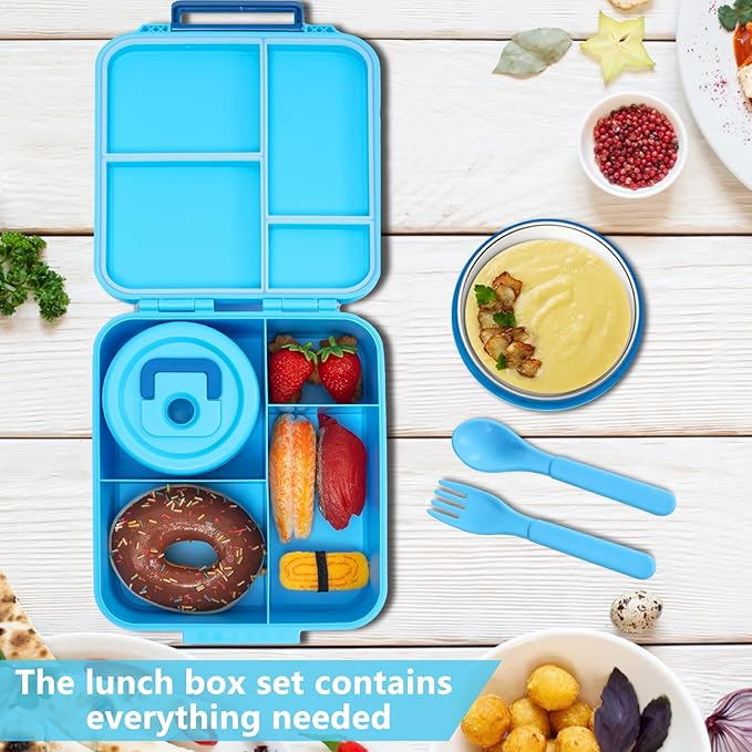 Bento Lunch Box for Kids with 8.5oz Soup Thermo, Kids Leakproof Lunch Food Containers with 4 Compartment, Blue Nylon Insulated Lunch Bag Adjustable Strap for Girl Teens School Travel Picnic