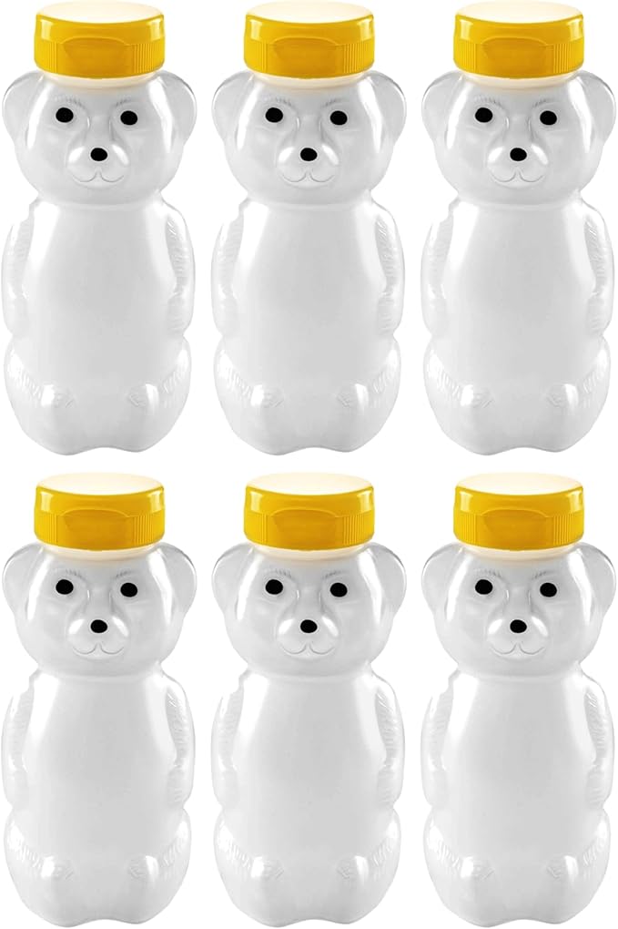 6 Pack of 12 Ounce Translucent Honey Bears with Sealable Yellow Flip Top Lids (12 oz. Translucent Bear, 6pk, Yellow)