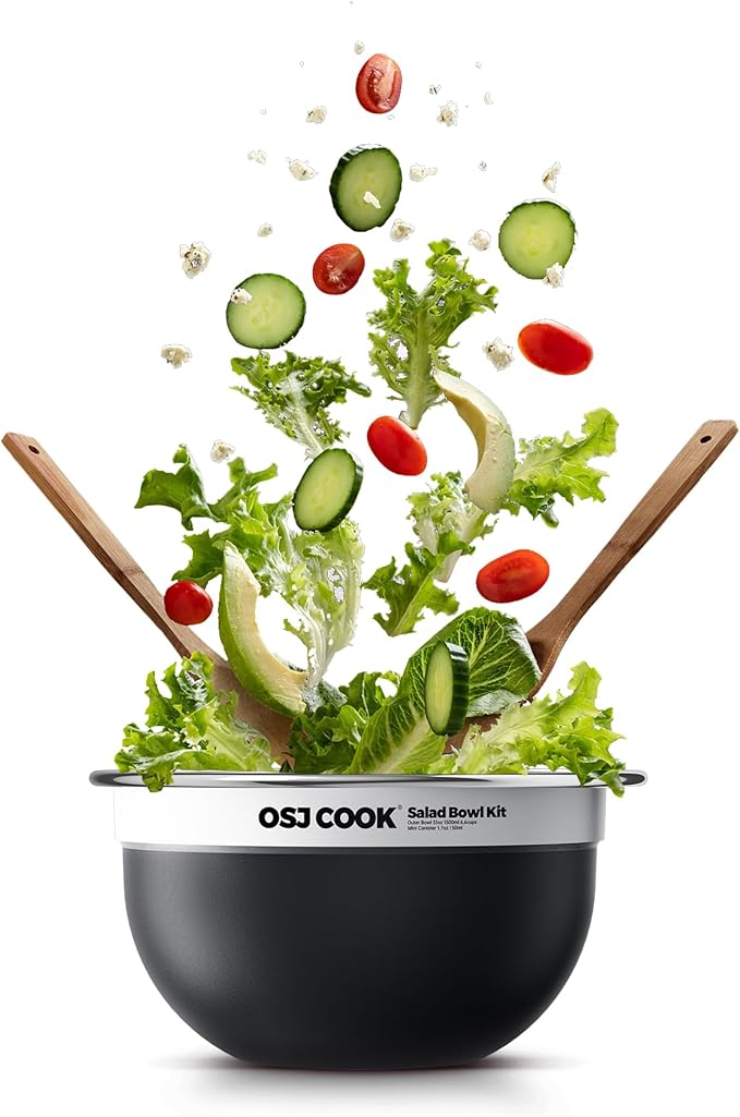 18/8 Stainless Steel Salad Bowl Kit - 51oz, Mixing Bowls with Lids Set, Black - Comes with 1.7oz Condiment Container and Removable Tray for Organization - Leak-Proof, Easy to Clean, Dishwasher Safe