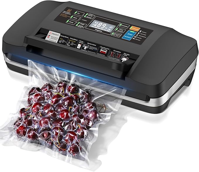 95kpa Vacuum Sealer Machine,Commercial Full Automatic Food Sealer,Powerful Sealing System with Double Heat Seal,Bags Storage, Easy-Lock Handle,Build-in Cutter,1 Bag Rolls & 10 pcs Pre-cut Bags(Silver)