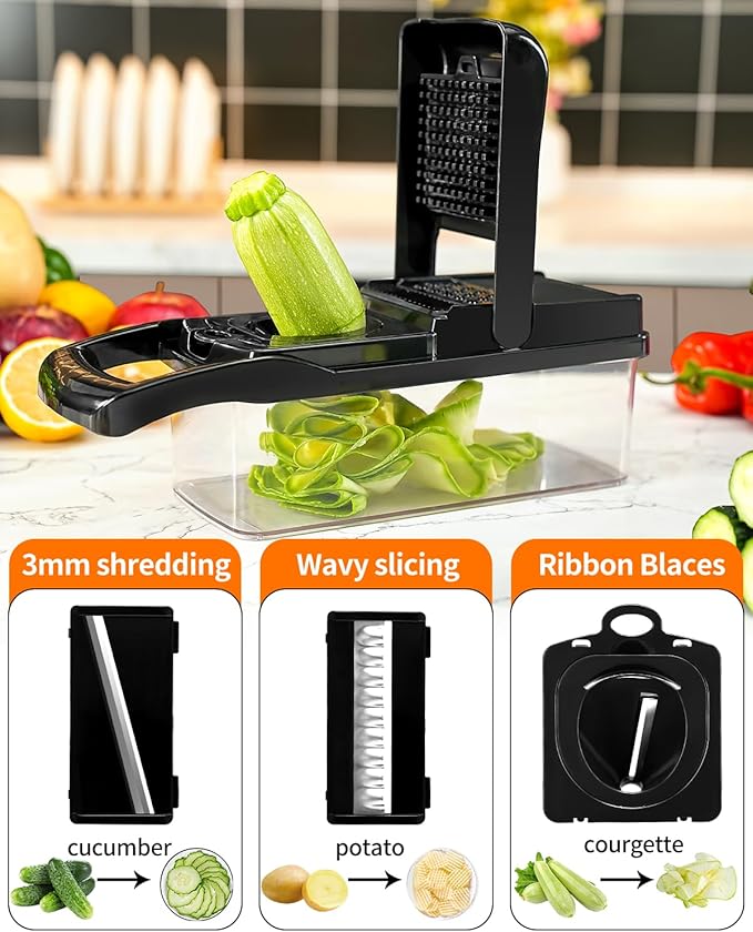 Vegetable Chopper Spiralizer Vegetable Slicer Cutter Multifunctional All-in-1 Food Choppers Dicer Onion Chopper Veggie chopper with Container Cheese Grater Includes Hand Guards and Gloves