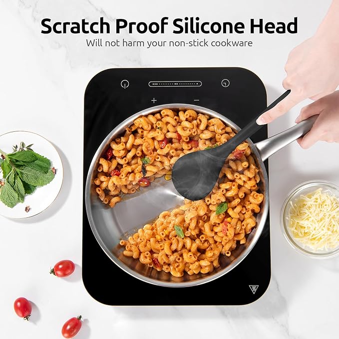18/8 Stainless Steel Measuring Spoons Set for Dry and Liquid Ingredients (Set of 6), and 600℉ Heat Proof Long Non-Scratch Silicone Solid & Slotted Set of 2 Cooking Spoon for Mixing (Black)