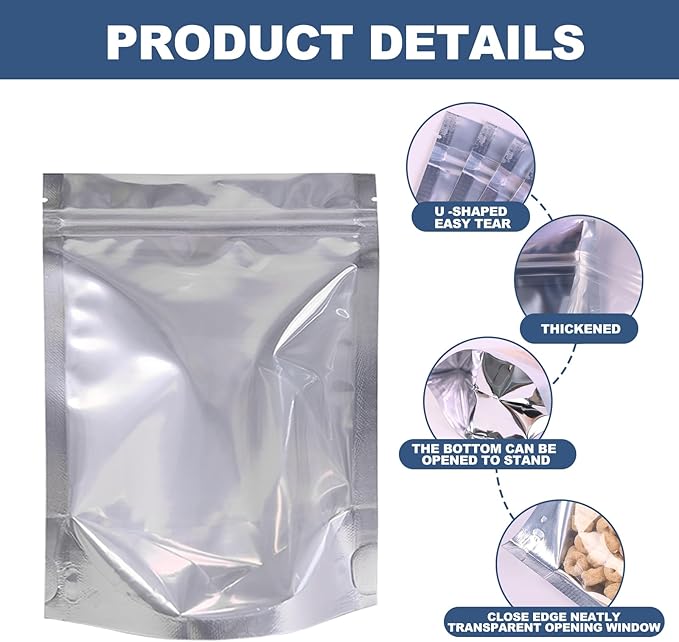 100PCS 6"X9" Clear Front & Aluminum Foil Back Mylar Bags for Food Storage,Smell Proof Stand Up Ziplock Pouch,Resealable Bags for Small Business Packaging Candy Coffee Bean Nuts Cookie