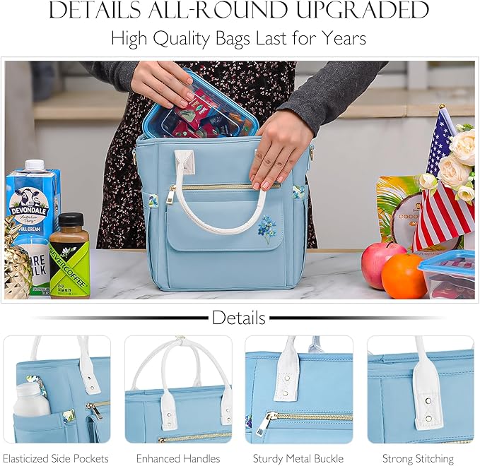 Deluxe Large Insulated Lunch Bag Box Women - Leakproof Waterproof Cooler with Multi Pockets Removable Strap for Work Picnic - Teacher Mothers Day Christmas Birthday Gifts