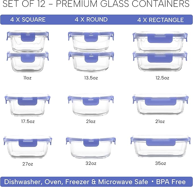 Zulay Kitchen 12 Pack Glass Meal Prep Containers with Lids - Airtight, Premium Borosilicate Glass Food Storage Containers - Microwave, Freezer & Oven Safe, BPA Free - Periwinkle