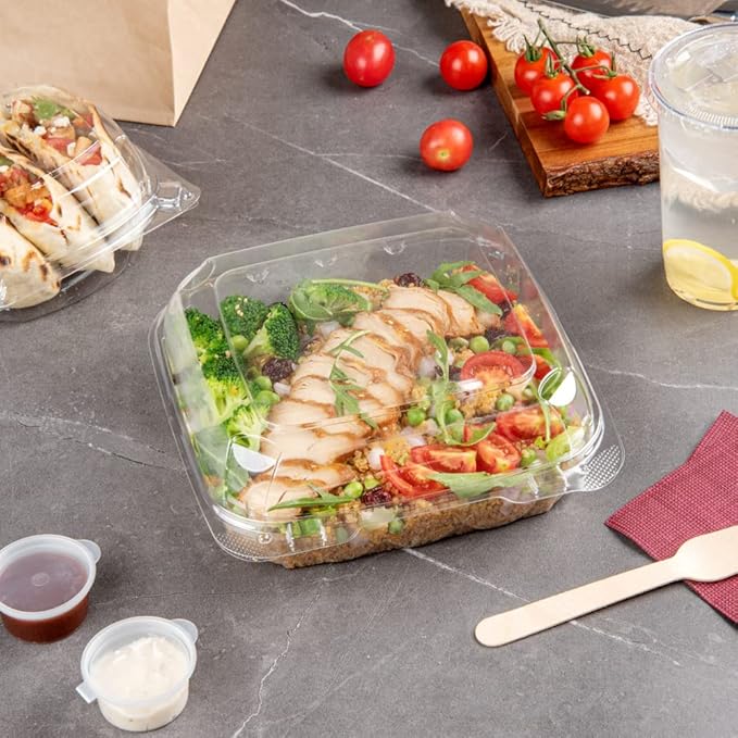 Restaurantware Thermo Tek 33.8 Ounce Clamshell Containers 100 Anti-Fog To Go Food Containers - Freezable Square Clear Plastic Food Packaging Containers Disposable