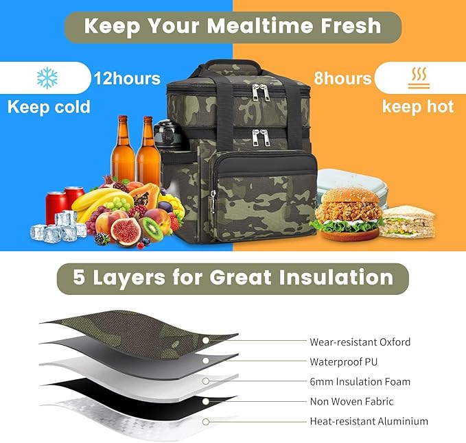 Insulated Lunch Bag & Lunch Box for Men - Double Deck Reusable Lunch Bag for Women Tote Cooler Bag Leakproof Soft Expandable - Large Lunchbox for Work/Adult/Picnic/Outdoor (Camo,15L)