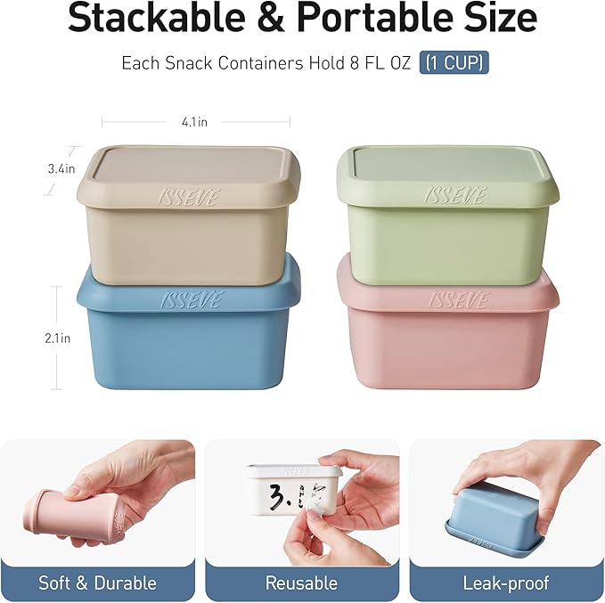 ISSEVE 8oz Silicone Snack Containers for Kids, 1 Cup Reusable Small Containers with Lids, Leak Proof Silicone Food Storage Containers, Kids Lunch Box for Daycare, School, Travel (4)