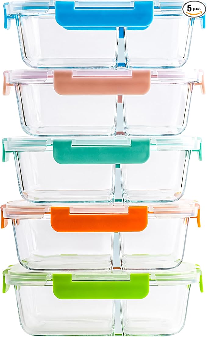 5-Pack,2 Compartment Glass Meal Prep Containers Set,34oz, Divided Food Storage Containers with Lids, Glass Lunch Box with 2 Dividers
